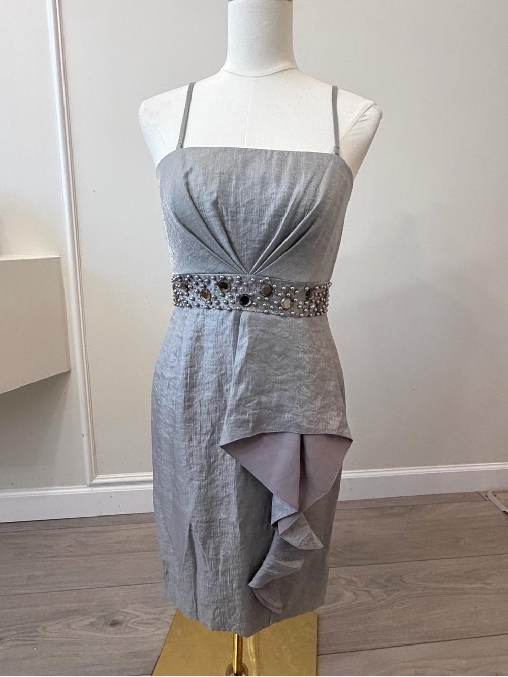 Adrianna Papell Silver Midi Dress with Lilac Ruffle & Jeweled Waistband - Picture 3 of 13